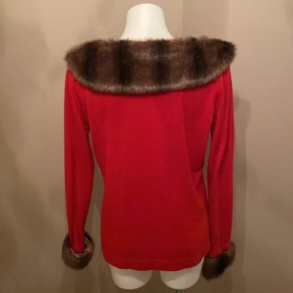 Goodclothes Red Faux Fur Trimmed Long Sleeve Blouse Casual Office Size Medium - Picture 2 of 4